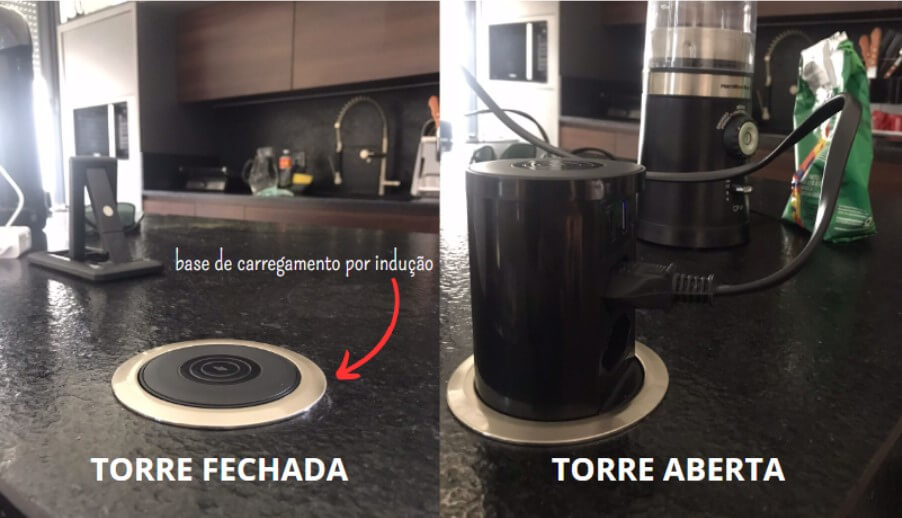 Torre de tomada instalada na bancada da pia