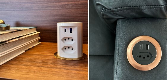 Tomadas embutidas em uma estante e em um estofado
