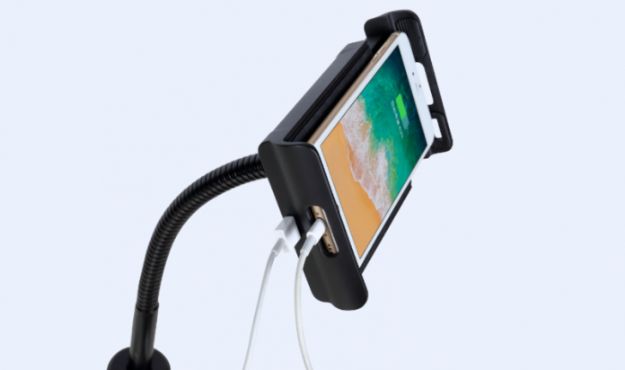 Suporte flexível de celular com carregamento da linha de conexões intercambiáveis