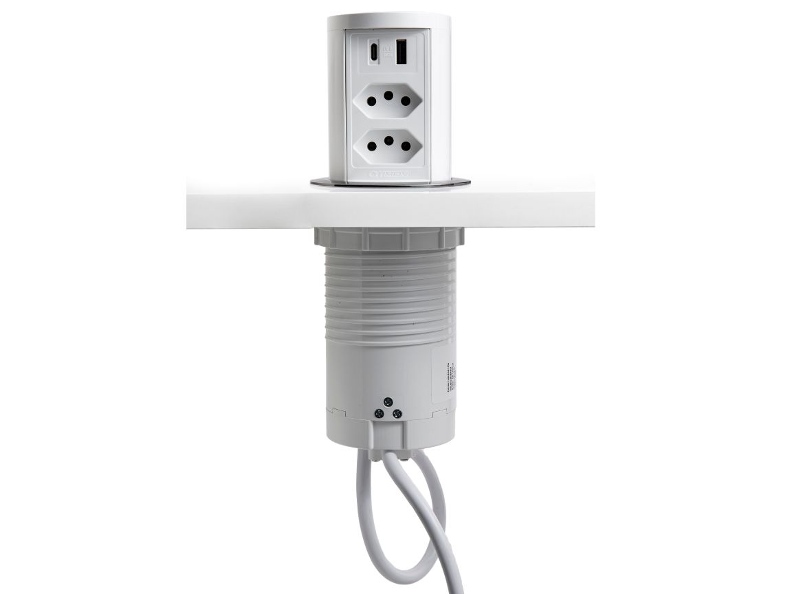 Torre de Tomada Slim com tomadas + USBs da QTMOV Prime branca com acabamento grafite- atualizada