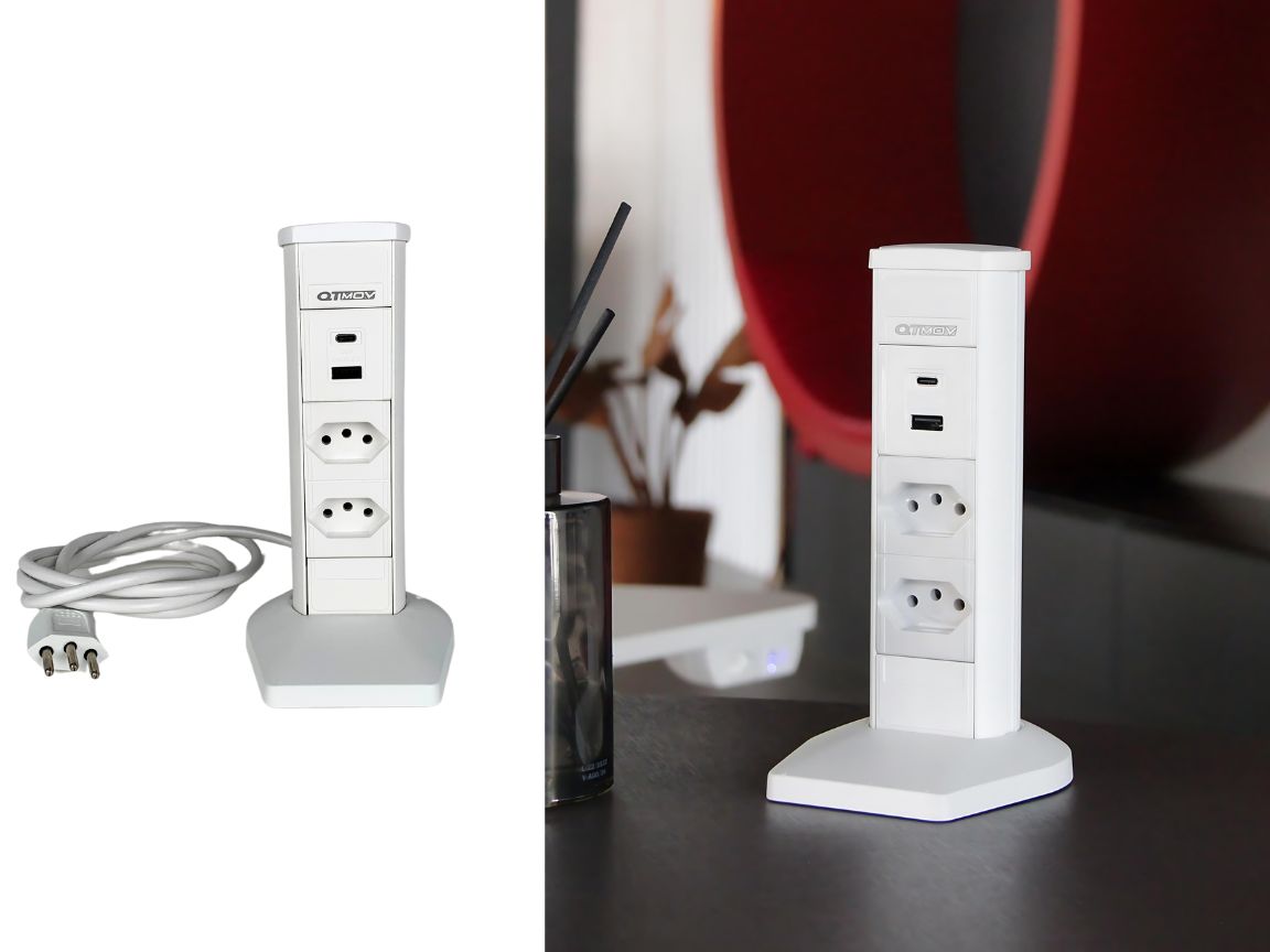 Extensão Vertical 2 tomadas + USB Rápido + C branco capa da QTMOV Prime