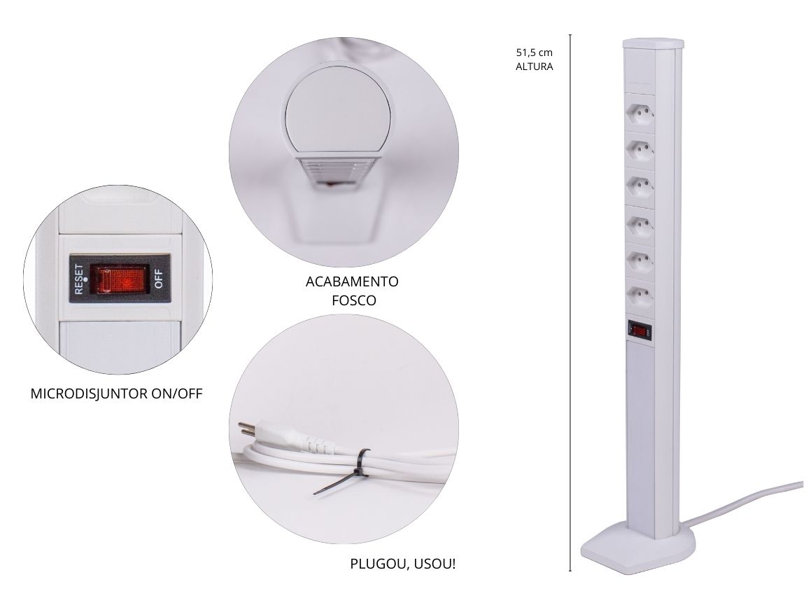 Extensão de 6 tomadas - torre de tomada plus branca com dourado da QTMOV Prime