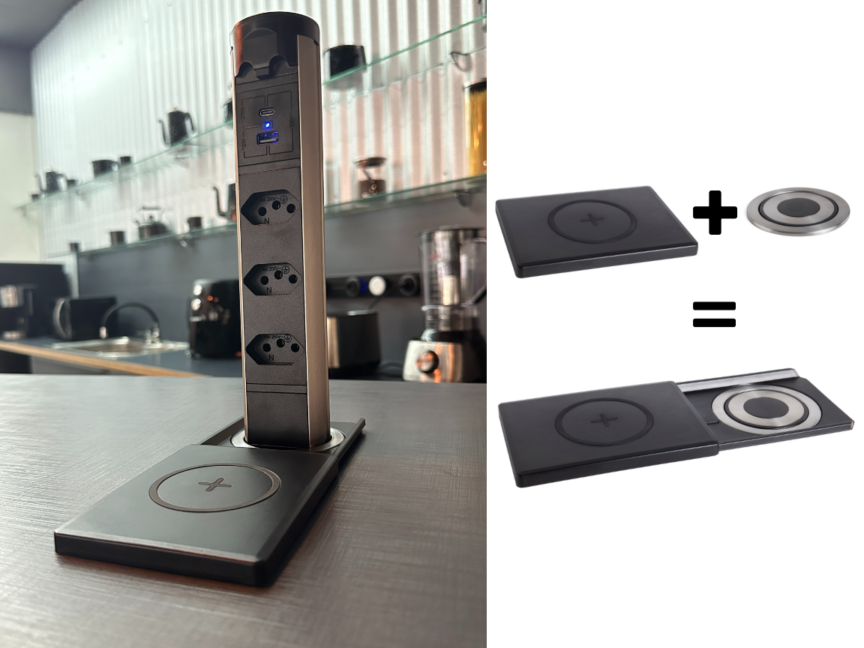 Capa da página da Torre de Tomada Motorizada Small — 3 tomadas, 2 USBs (A+C) e indução