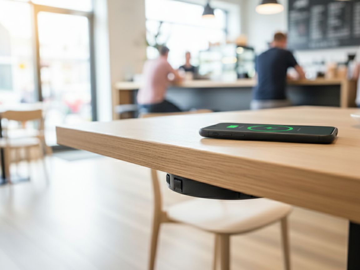 Carregador de Indução de Mesa T12 da QTMOV Prime celular aplicado na cozinha Carregador de Indução de Mesa T12 da QTMOV Prime celular aplicado na cozinha