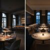 Luminária Abajur Cogumelo Preto Luminária de LED QTMO Prime desligada aplicadas em restaurante Luminária Abajur Cogumelo Preto Luminária de LED QTMO Prime desligada aplicadas em restaurante