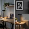 Luminária Abajur Cogumelo Preto Luminária de LED QTMO Prime desligada aplicadas no home office e no quarto Luminária Abajur Cogumelo Preto Luminária de LED QTMO Prime desligada aplicadas no home office e no quarto