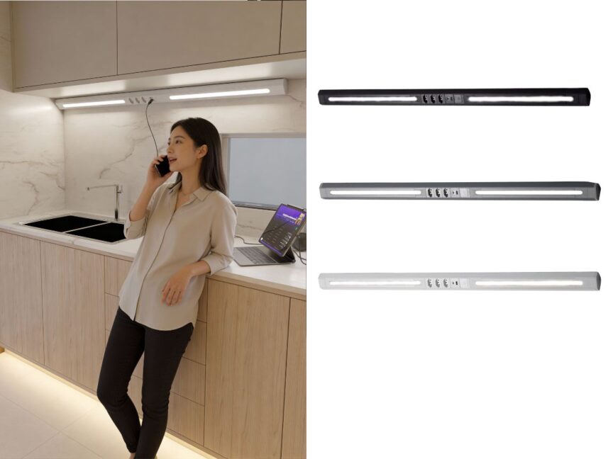 Perfil de canto LED com 3 tomadas e 2 USB (1,2 metro) capa