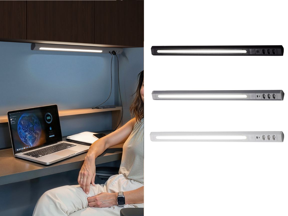 Perfil de canto LED com 3 tomadas e 2 USB (1 metro) capa