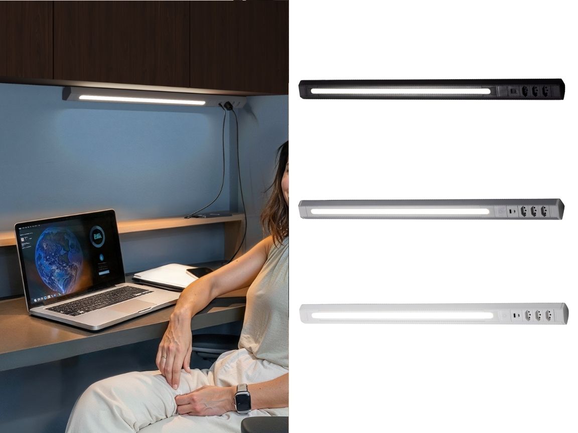 Perfil de canto LED com 3 tomadas e 2 USB (1 metro)